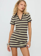 Zuria Collared V-neck Mini Dress Brown / Yellow Stripe